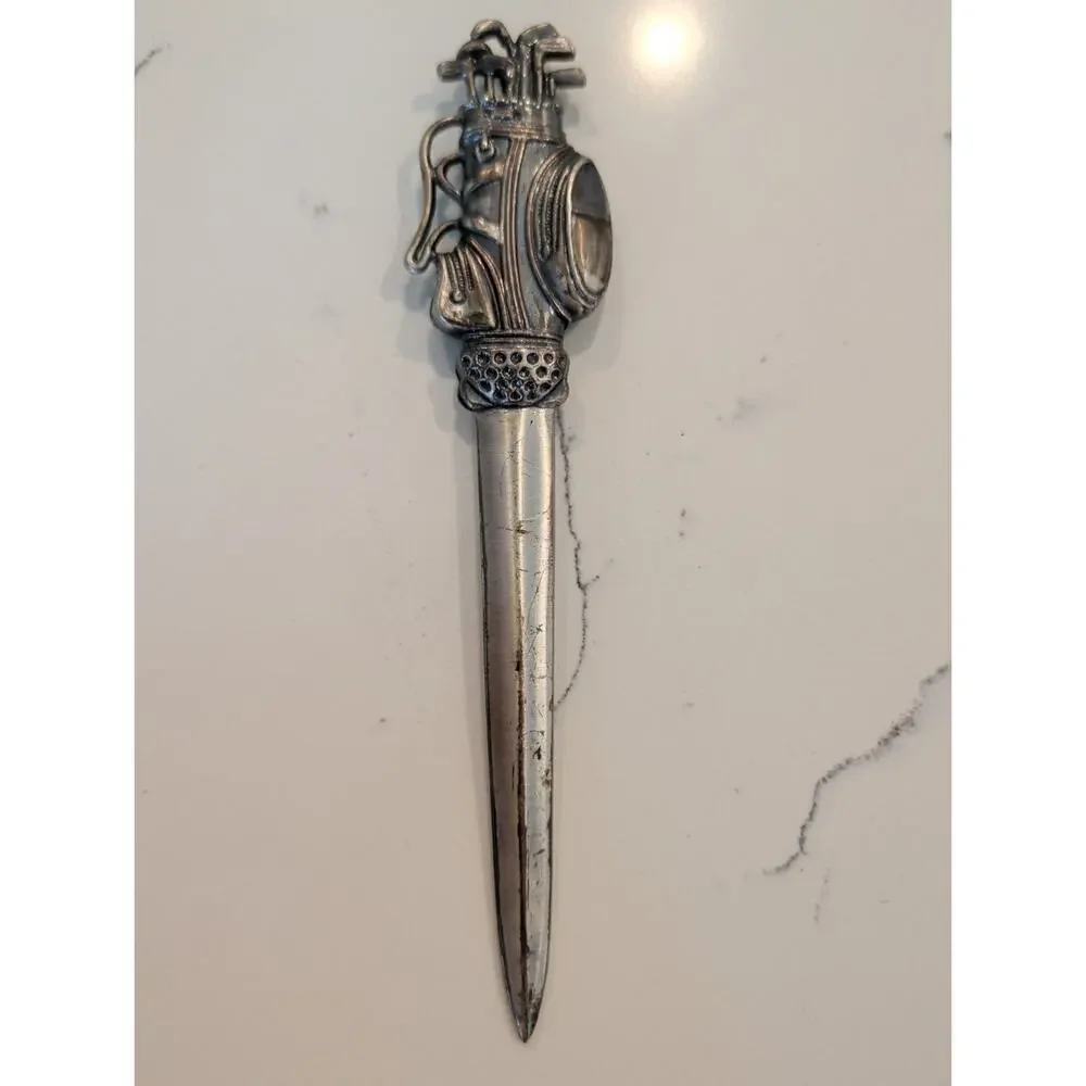 Vintage Golf Club Bag Letter Opener Heavy Silver Tone Pewter Style 7”